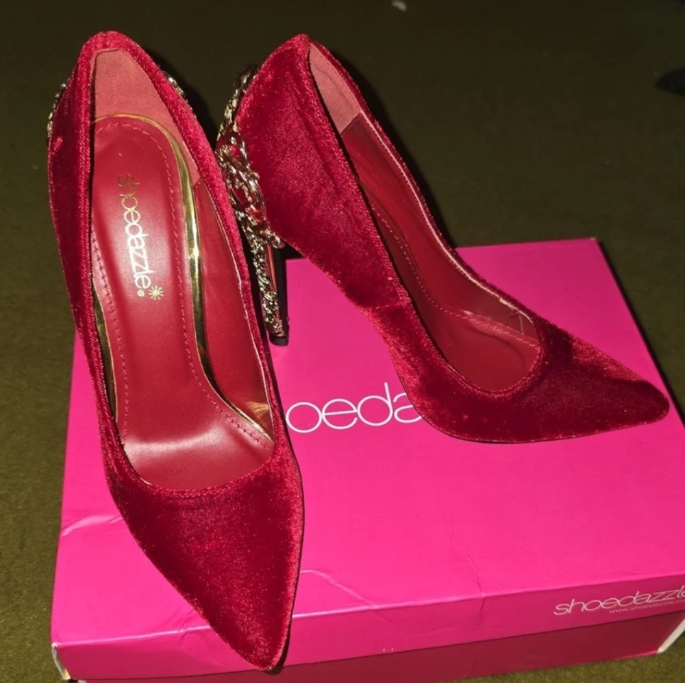 Shoe Dazzle Red Velvet Pointed-Toe Stiletto Heels with Embellished Gold Accents